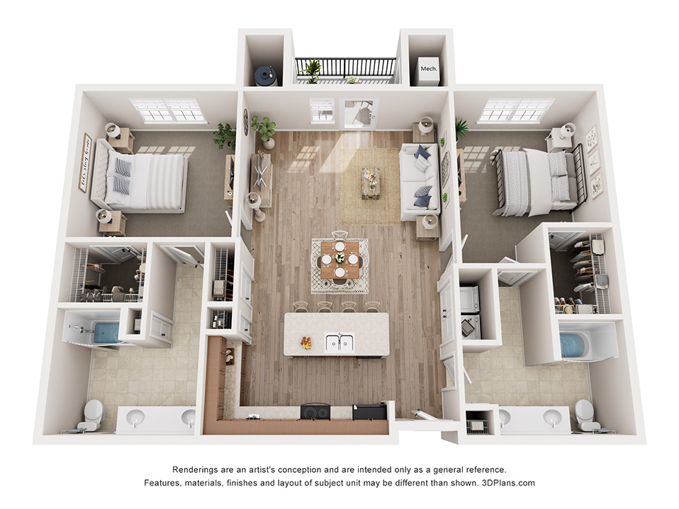 Floor plan for 2 beds, 2 baths, 1252 sqft